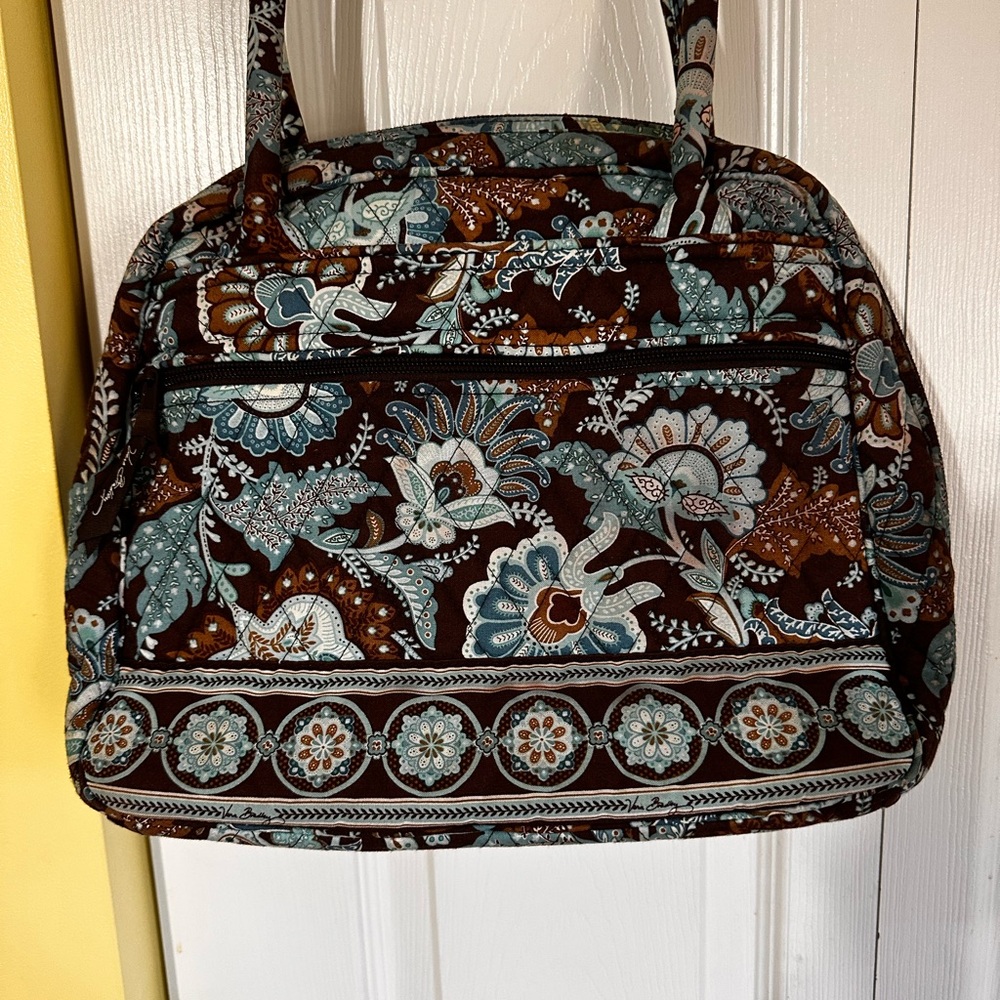 Elegant Floral Tote Bag in Brown and Blue Vera Bradley retired“Java Blue”